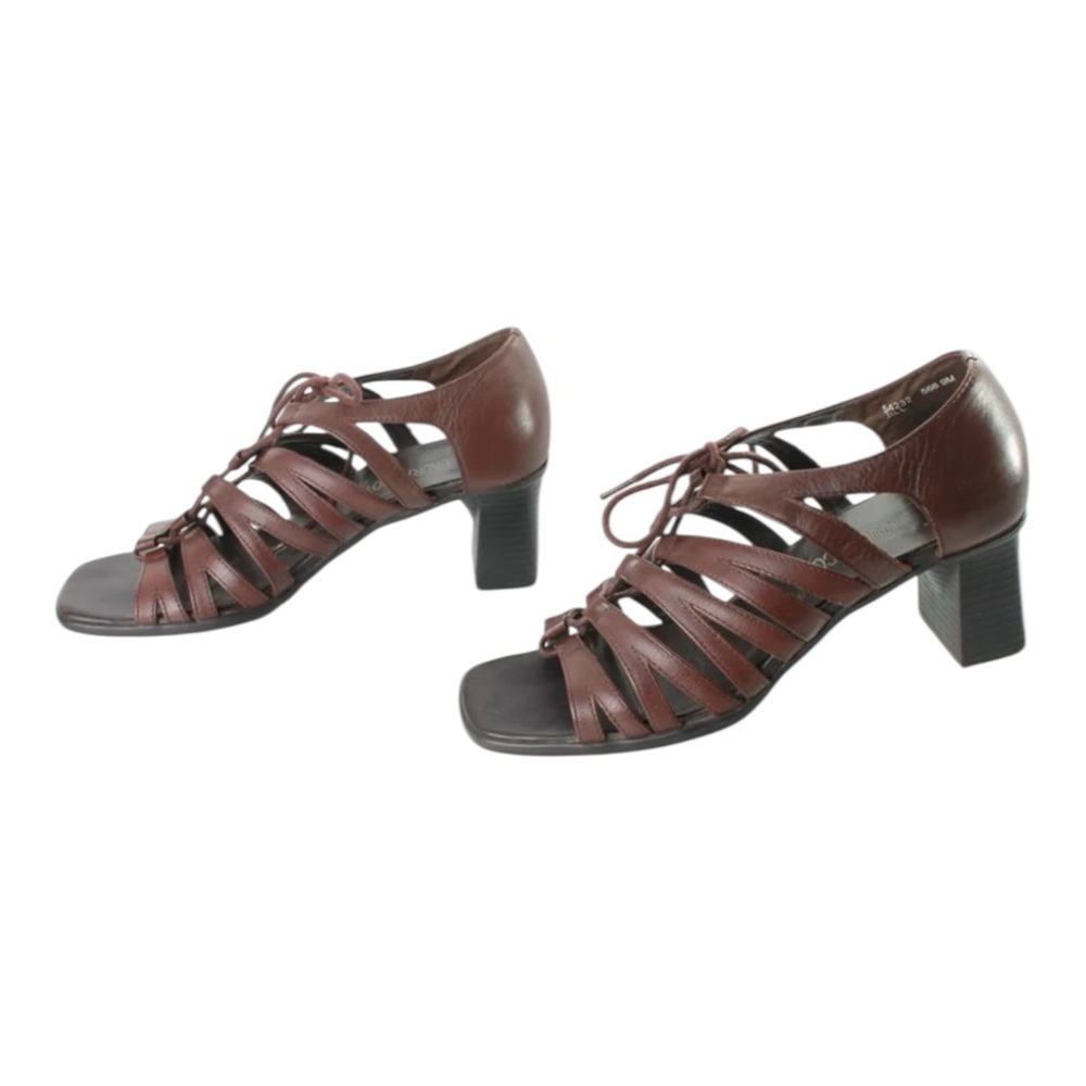 Vintage 90s square toe lace up block heel brown leather sandals